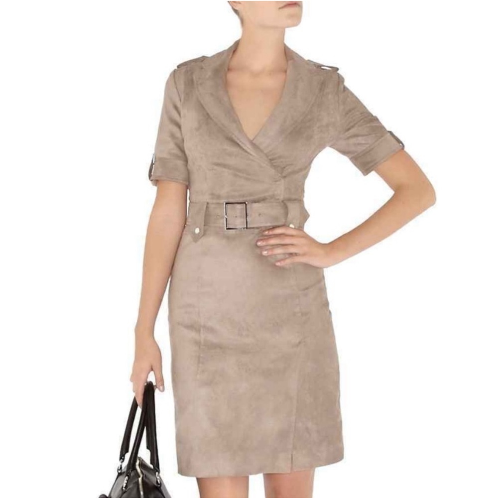 Karen Millen faux suede taupe safari trench shirt dress, size 8.